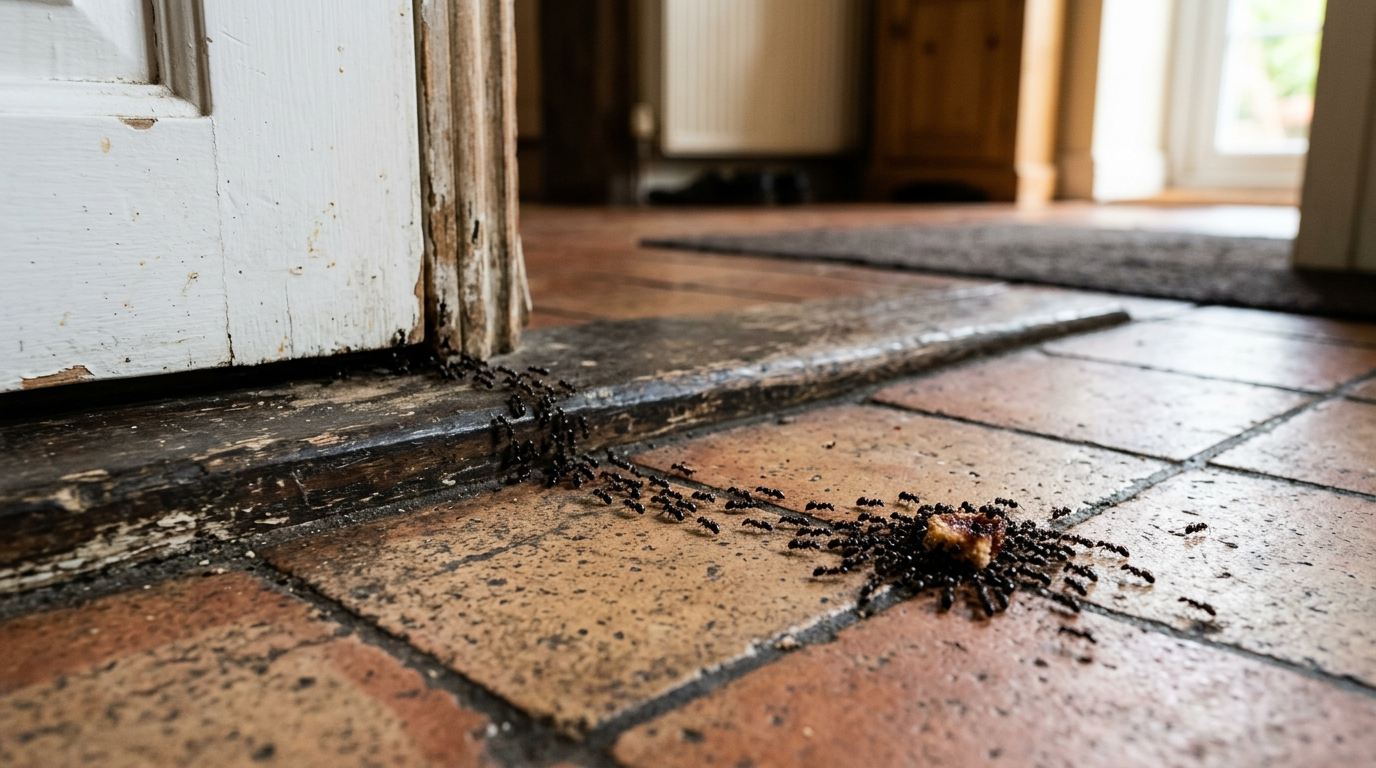 Black garden ants gathering around a doorway threshold on a tiled kitchen floor