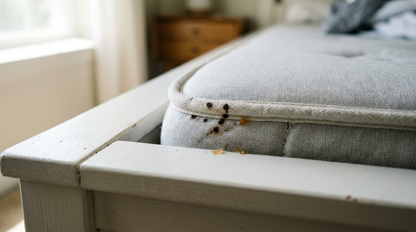 Dark spots on a mattress corner seam indicating bed bug activity