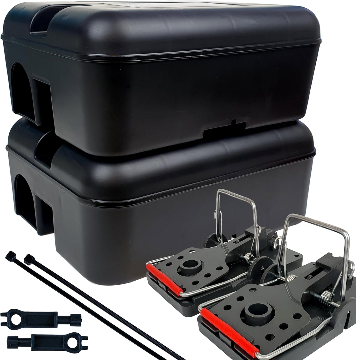 Rat snap traps inside lockable bait boxes