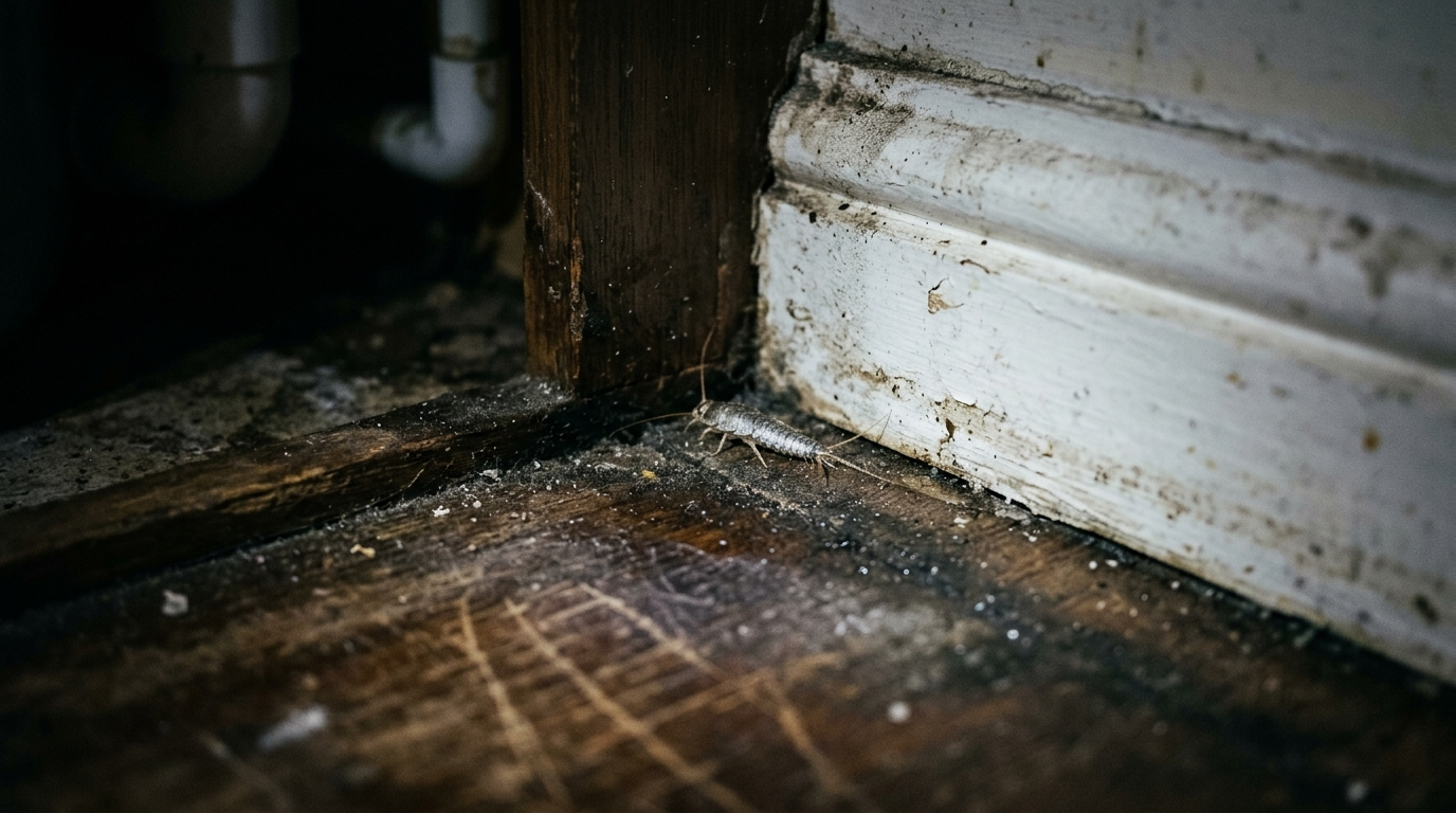 A silverfish in a damp corner of an under-sink cupboard