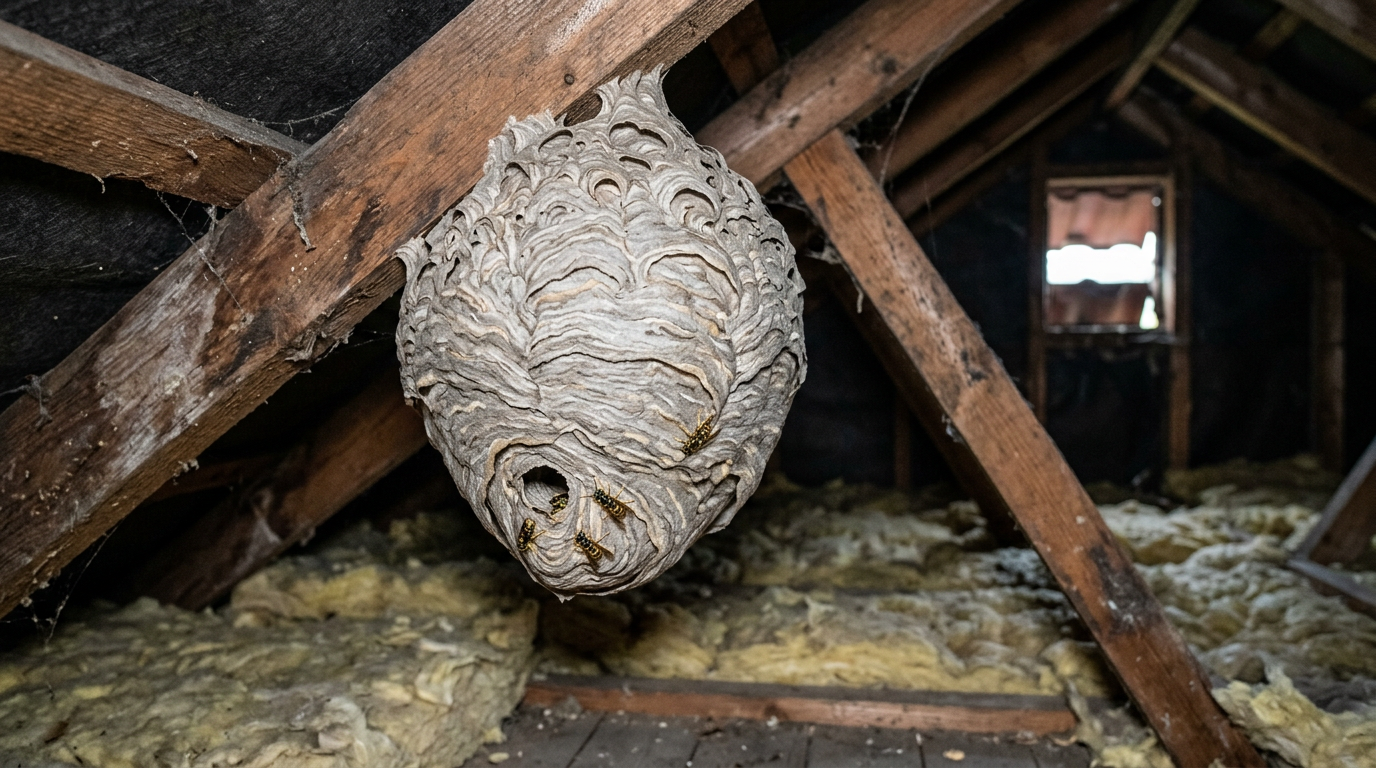 A large grey papery wasp nest hanging from a wooden roof rafter inside a domestic loft